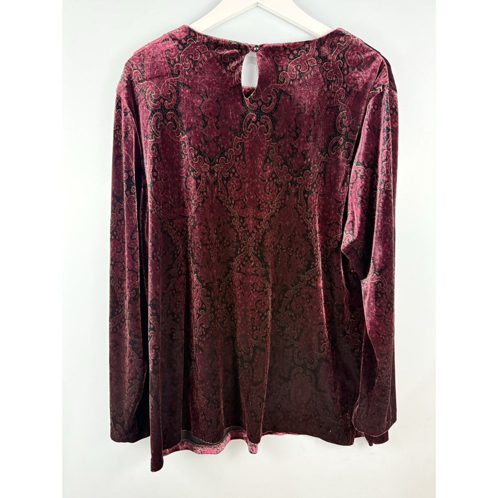 Sag Harbor Velour Velvet Tunic Top 1X Long Sleeve Burgundy Red Holiday Paisley - Picture 3 of 9